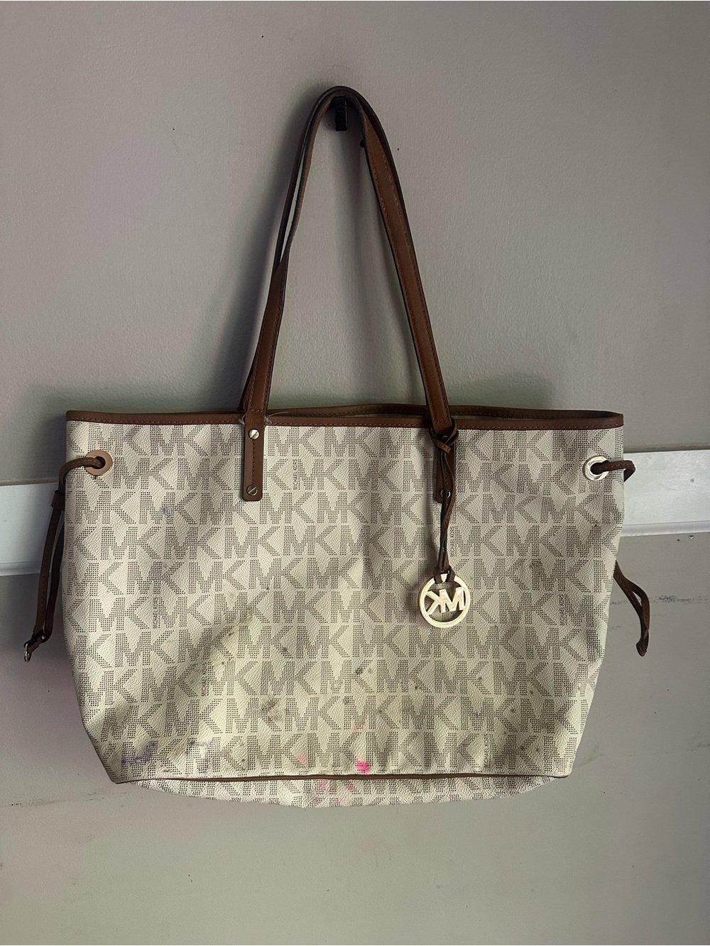Michael Kors Beige Logo Tote with Brown Trim and Gold Charm